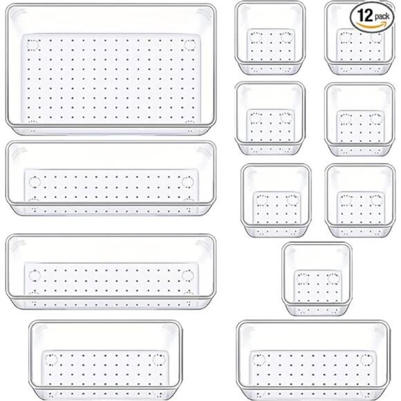 Clear Drawer Organizer Set 12 Plastic Storage Bins Kitchen Bathroom Desk - Picture 7 of 7